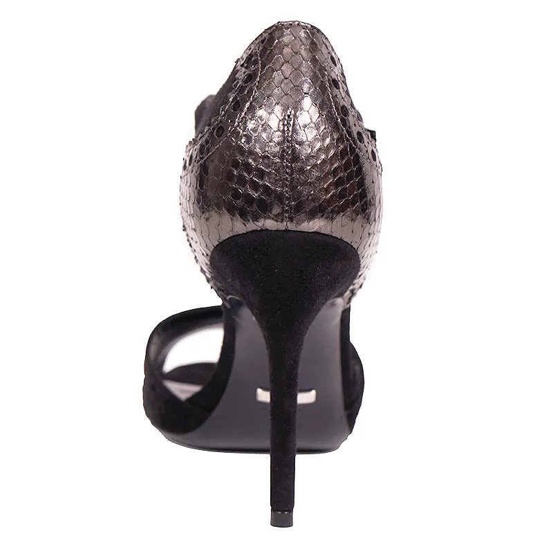 38 NEW $950 GUCCI Black SILVER PYTHON Black Suede BROGUE MARY JANE 4" HEELS