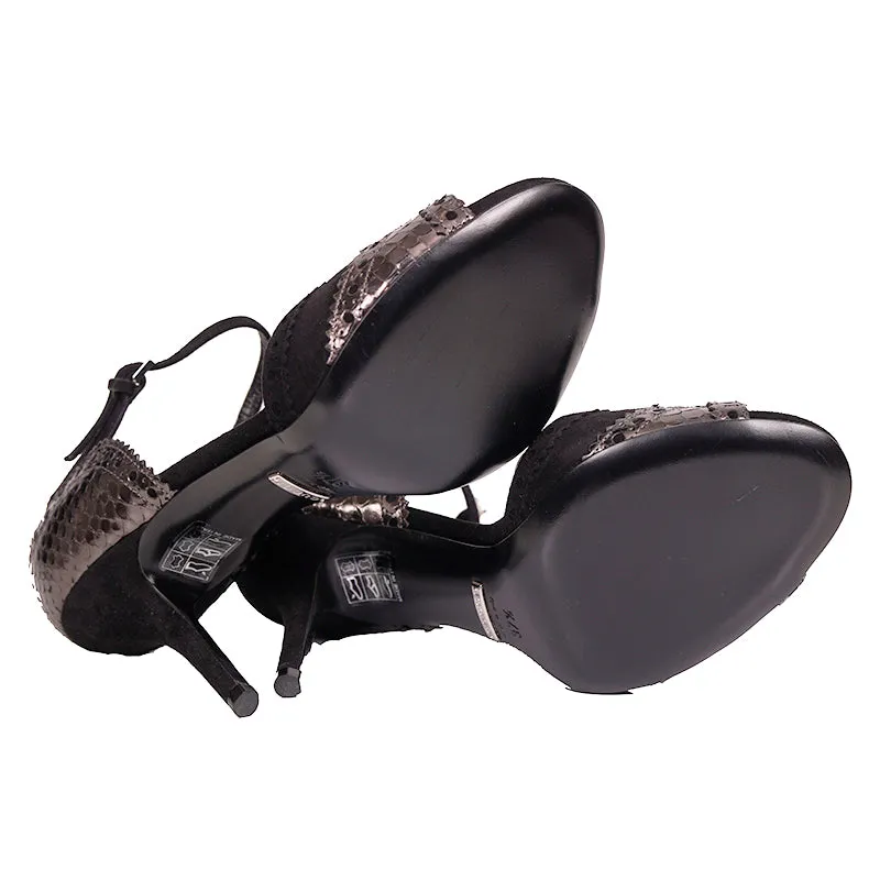 38 NEW $950 GUCCI Black SILVER PYTHON Black Suede BROGUE MARY JANE 4" HEELS