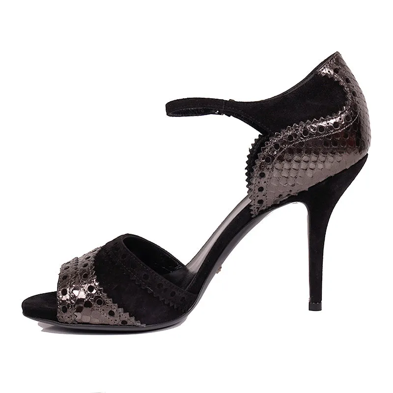 38 NEW $950 GUCCI Black SILVER PYTHON Black Suede BROGUE MARY JANE 4" HEELS