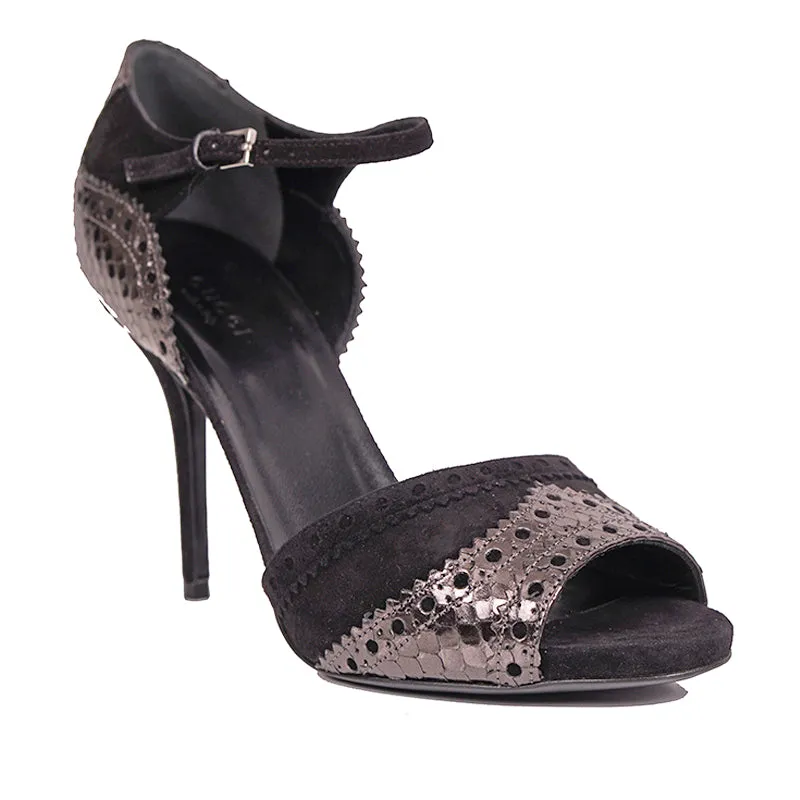 38 NEW $950 GUCCI Black SILVER PYTHON Black Suede BROGUE MARY JANE 4" HEELS