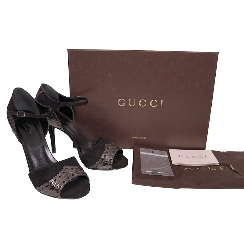 38 NEW $950 GUCCI Black SILVER PYTHON Black Suede BROGUE MARY JANE 4" HEELS
