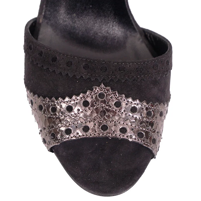 38 NEW $950 GUCCI Black SILVER PYTHON Black Suede BROGUE MARY JANE 4" HEELS