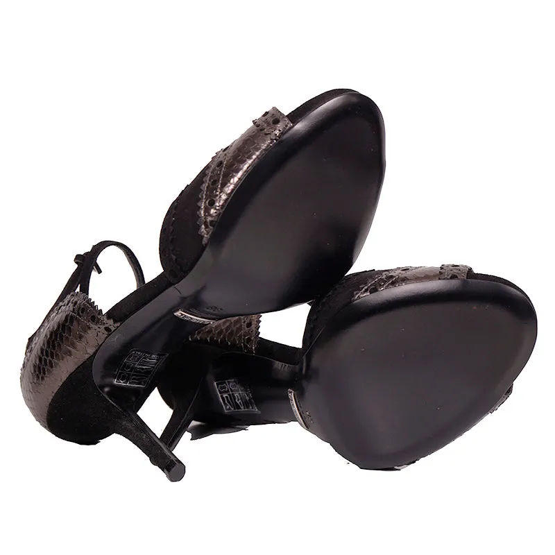 38 NEW $950 GUCCI Black SILVER PYTHON Black Suede BROGUE MARY JANE 4" HEELS