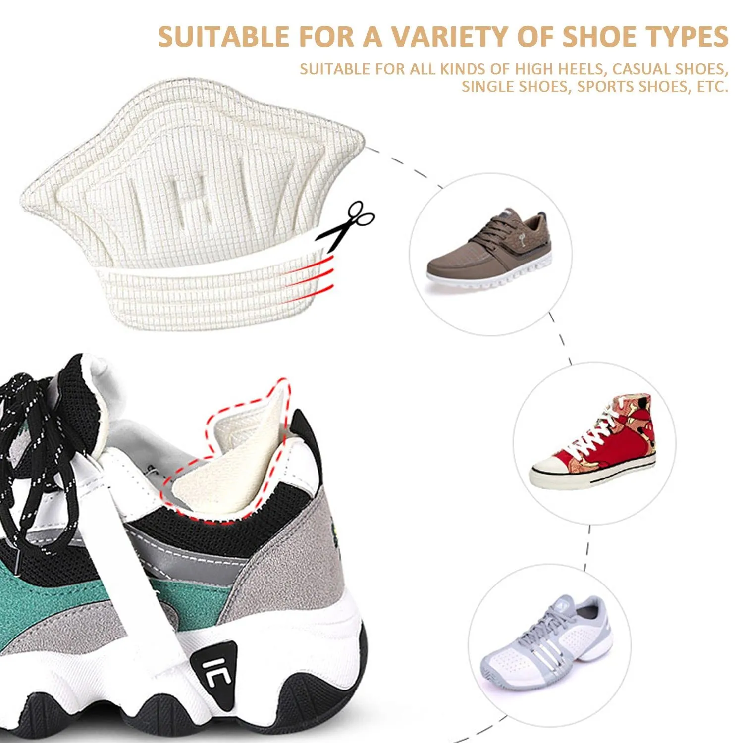 8 pairs of heel pads that fit almost any shoe, for oversized shoes, cotton insole and sponge with self-adhesive (8 pairs mixed)