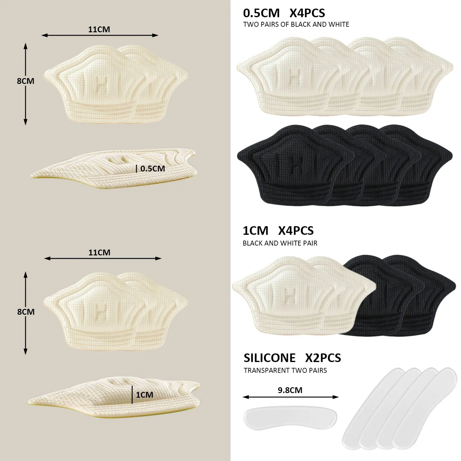 8 pairs of heel pads that fit almost any shoe, for oversized shoes, cotton insole and sponge with self-adhesive (8 pairs mixed)
