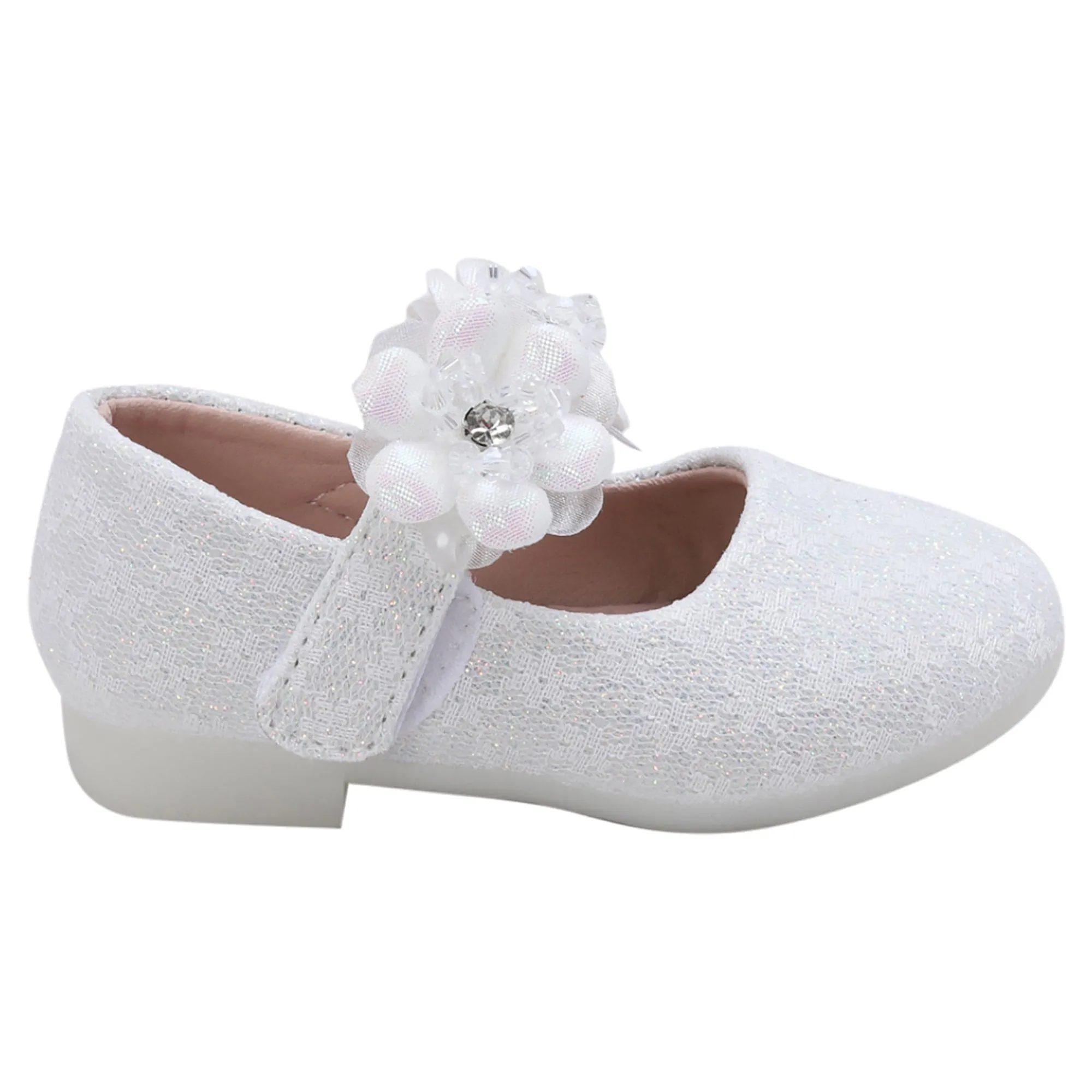 Baby Moo Mary Jane Lace Floral Applique On Velcro Strap Anti-Skid Ballerina Shoes - White