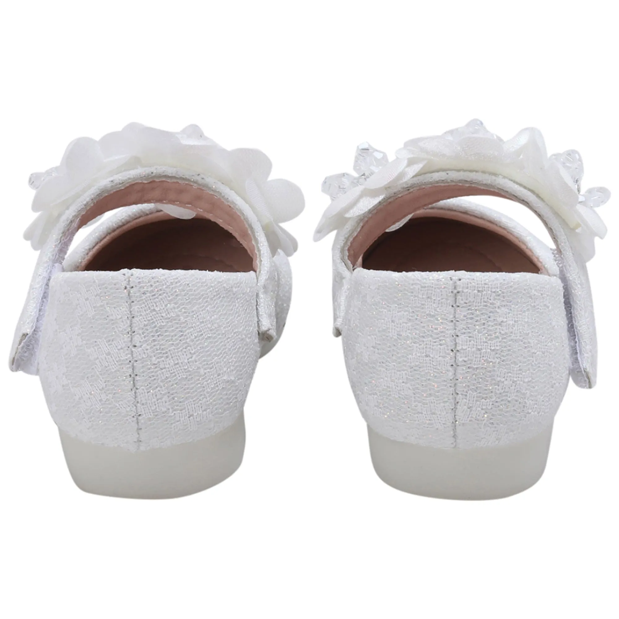 Baby Moo Mary Jane Lace Floral Applique On Velcro Strap Anti-Skid Ballerina Shoes - White