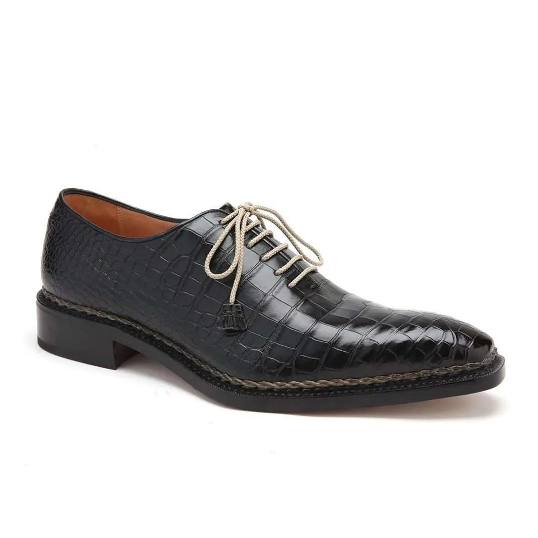 Caporicci Men's Luxury Italian Designer Shoes 1400 Alligator Nero Black Norwegian Construction Oxfords (CAP1104)