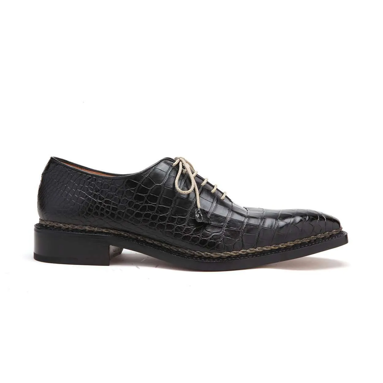 Caporicci Men's Luxury Italian Designer Shoes 1400 Alligator Nero Black Norwegian Construction Oxfords (CAP1104)