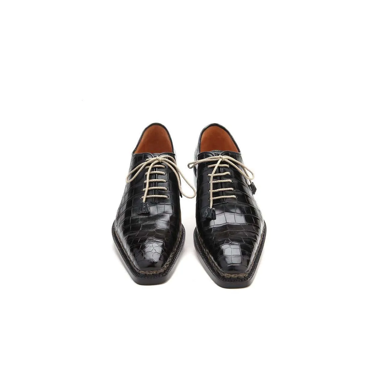 Caporicci Men's Luxury Italian Designer Shoes 1400 Alligator Nero Black Norwegian Construction Oxfords (CAP1104)