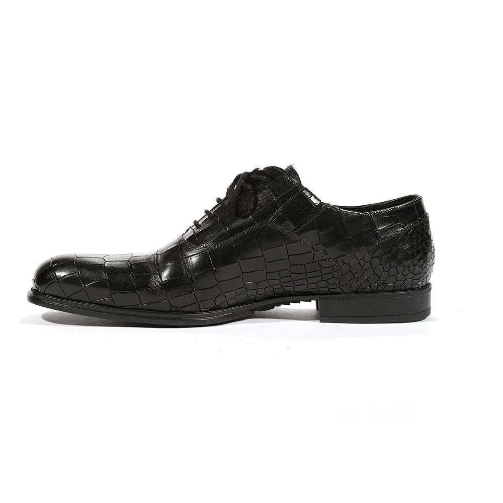 Cesare Paciotti Luxury Italian Men's Oxfords Croc Print Cocco Lux Black SL Designer Shoes (CPM5425)