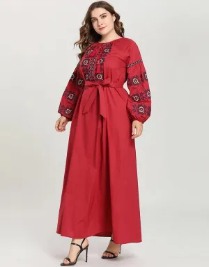 Crimson Embrace  An Arabesque Abaya with Embroidered Grace