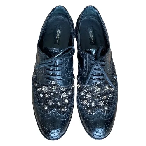 DOLCE & GABBANA Black Brogue Leather Studded Embellished Lace Oxfords, Size 38.5