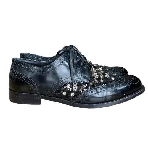 DOLCE & GABBANA Black Brogue Leather Studded Embellished Lace Oxfords, Size 38.5