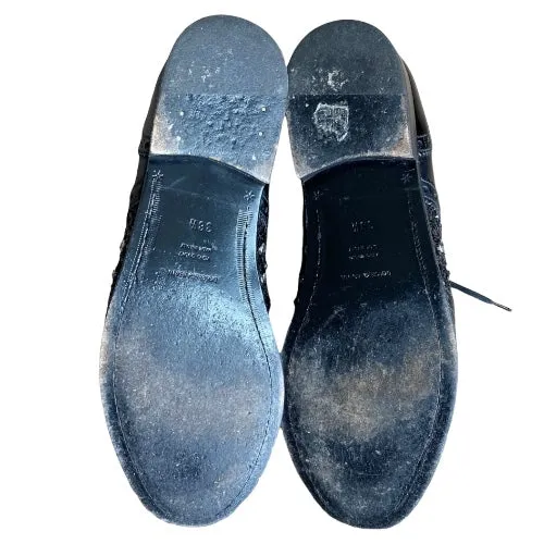 DOLCE & GABBANA Black Brogue Leather Studded Embellished Lace Oxfords, Size 38.5