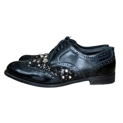 DOLCE & GABBANA Black Brogue Leather Studded Embellished Lace Oxfords, Size 38.5