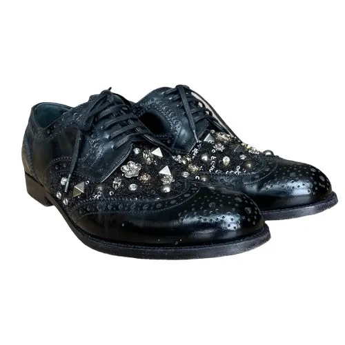 DOLCE & GABBANA Black Brogue Leather Studded Embellished Lace Oxfords, Size 38.5