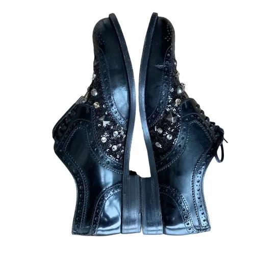 DOLCE & GABBANA Black Brogue Leather Studded Embellished Lace Oxfords, Size 38.5