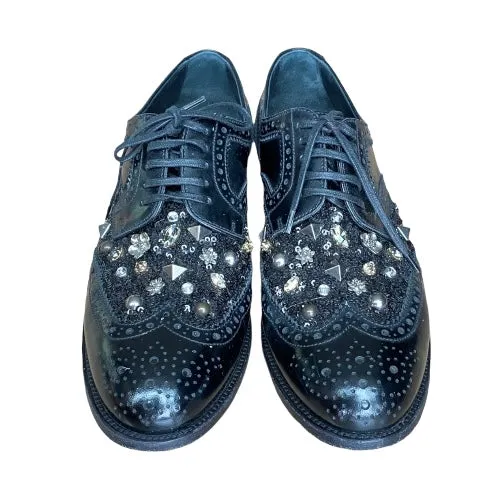 DOLCE & GABBANA Black Brogue Leather Studded Embellished Lace Oxfords, Size 38.5