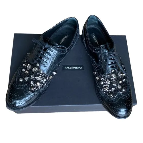 DOLCE & GABBANA Black Brogue Leather Studded Embellished Lace Oxfords, Size 38.5