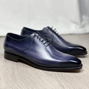 Luxury Edition - Artisian Made Thunder Blue Italian Leather Emmen Whole Cut Oxfords - Formal Shoes