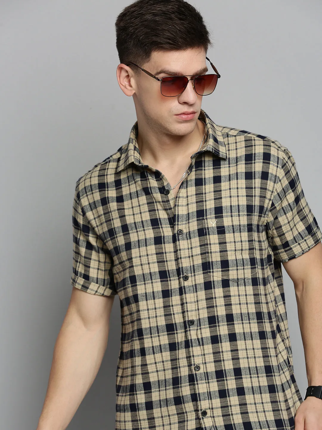 Men Beige Comfort Tartan Checked Casual Cotton Shirt
