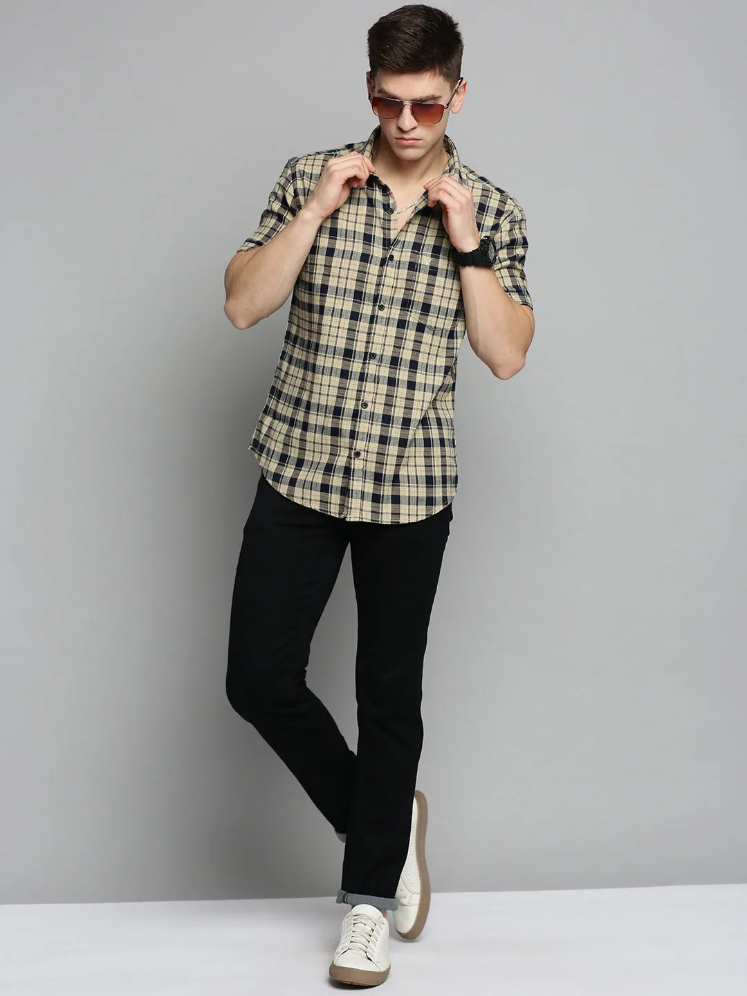 Men Beige Comfort Tartan Checked Casual Cotton Shirt