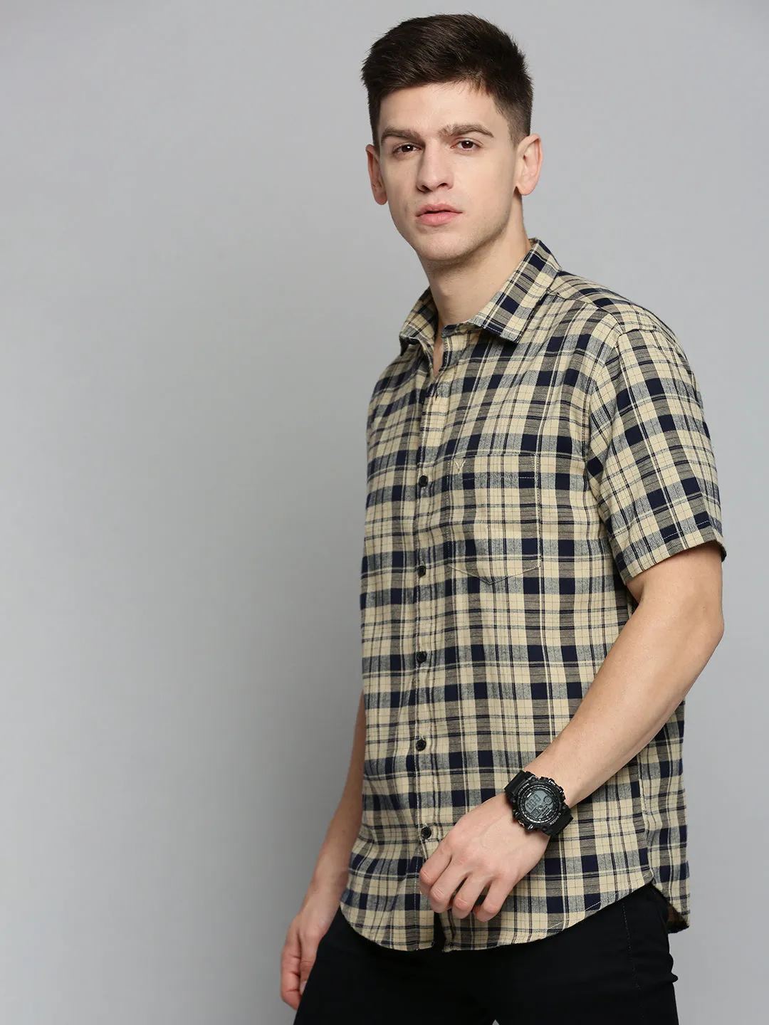 Men Beige Comfort Tartan Checked Casual Cotton Shirt