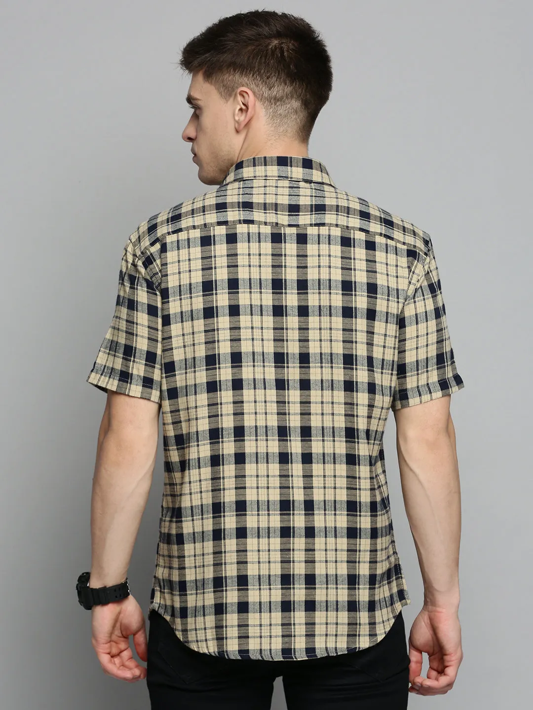 Men Beige Comfort Tartan Checked Casual Cotton Shirt