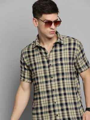 Men Beige Comfort Tartan Checked Casual Cotton Shirt