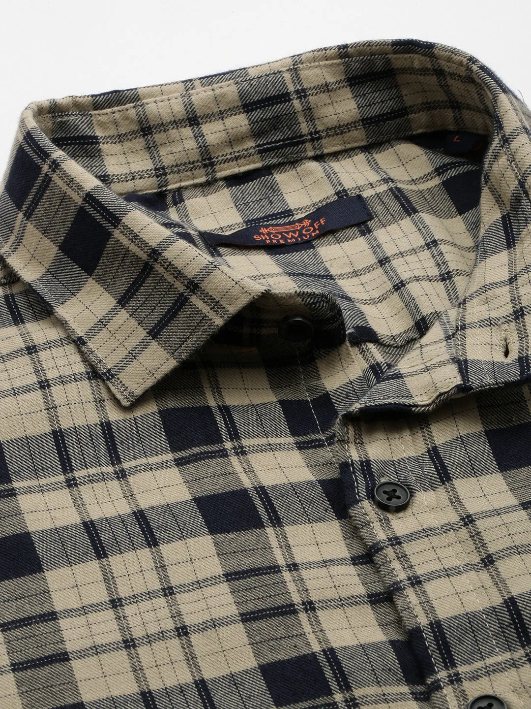 Men Beige Comfort Tartan Checked Casual Cotton Shirt