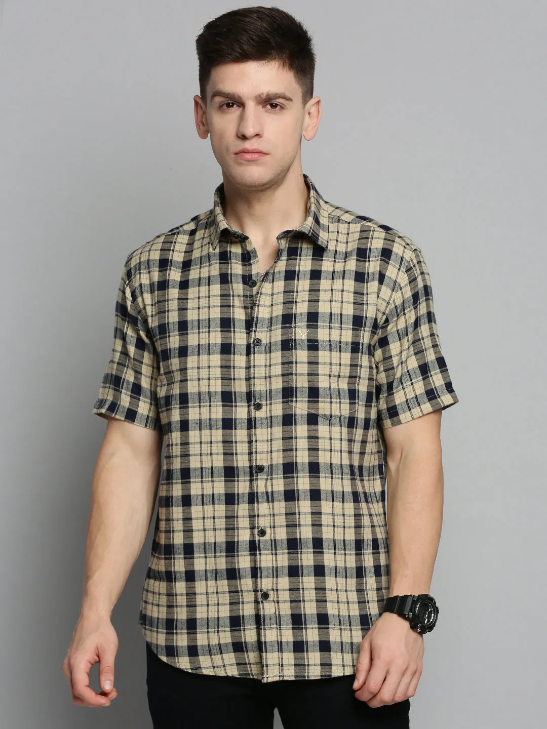 Men Beige Comfort Tartan Checked Casual Cotton Shirt