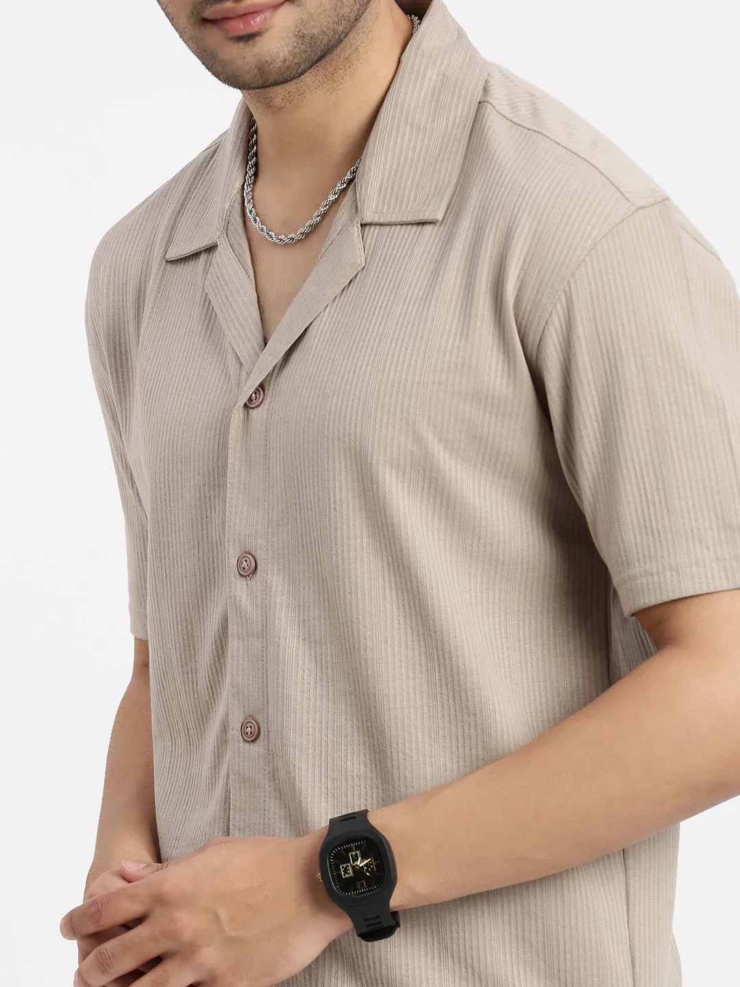 Men Beige Cuban Collar Casual Solid Shirt