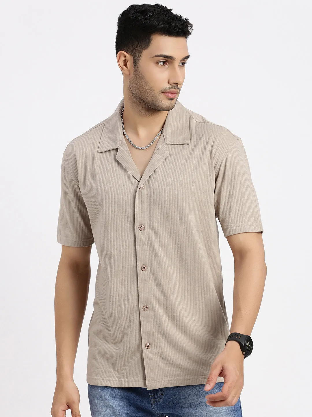 Men Beige Cuban Collar Casual Solid Shirt