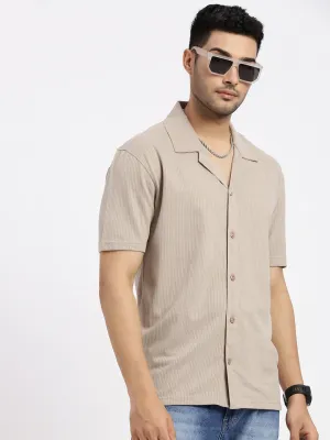 Men Beige Cuban Collar Casual Solid Shirt