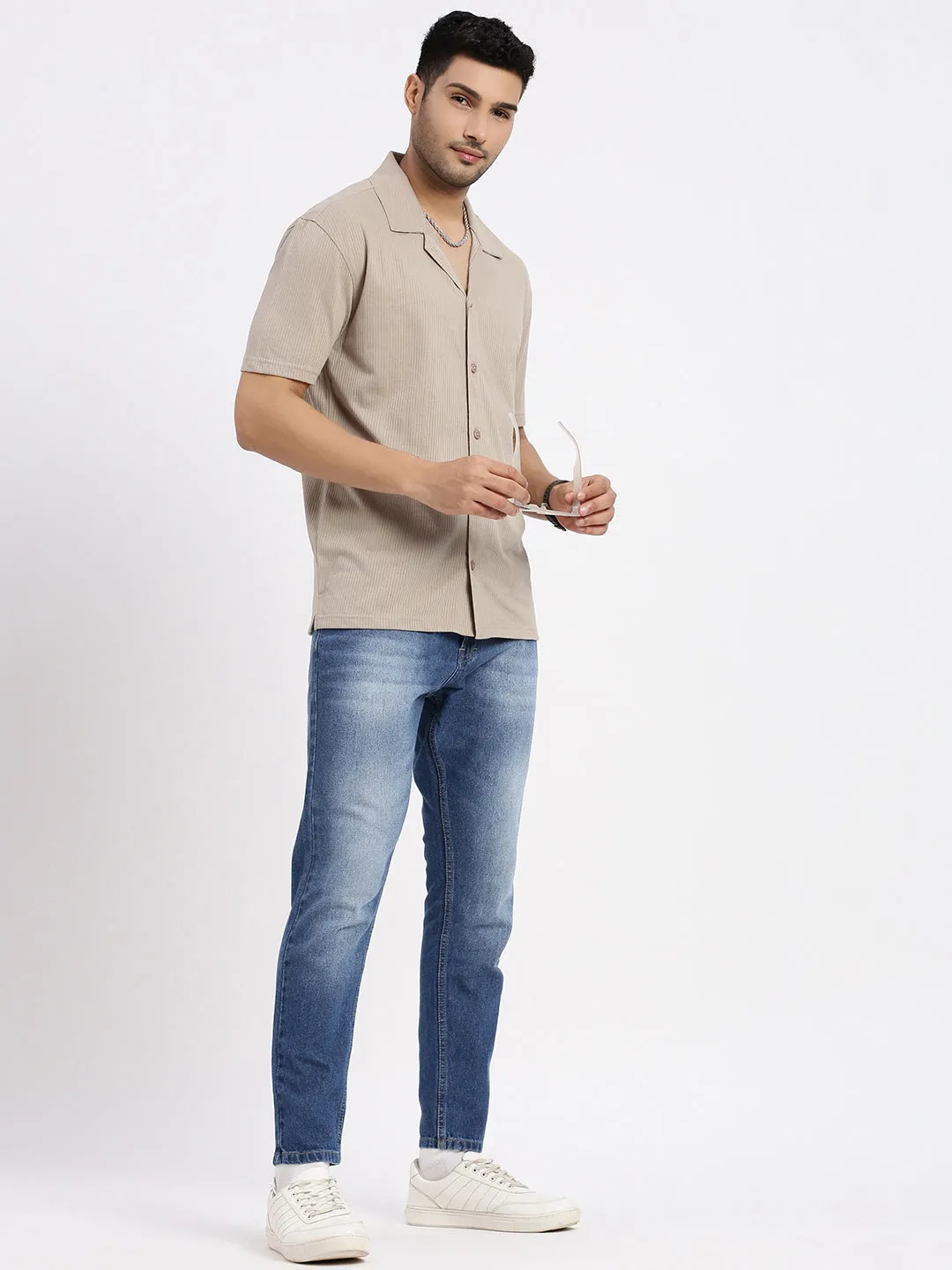 Men Beige Cuban Collar Casual Solid Shirt
