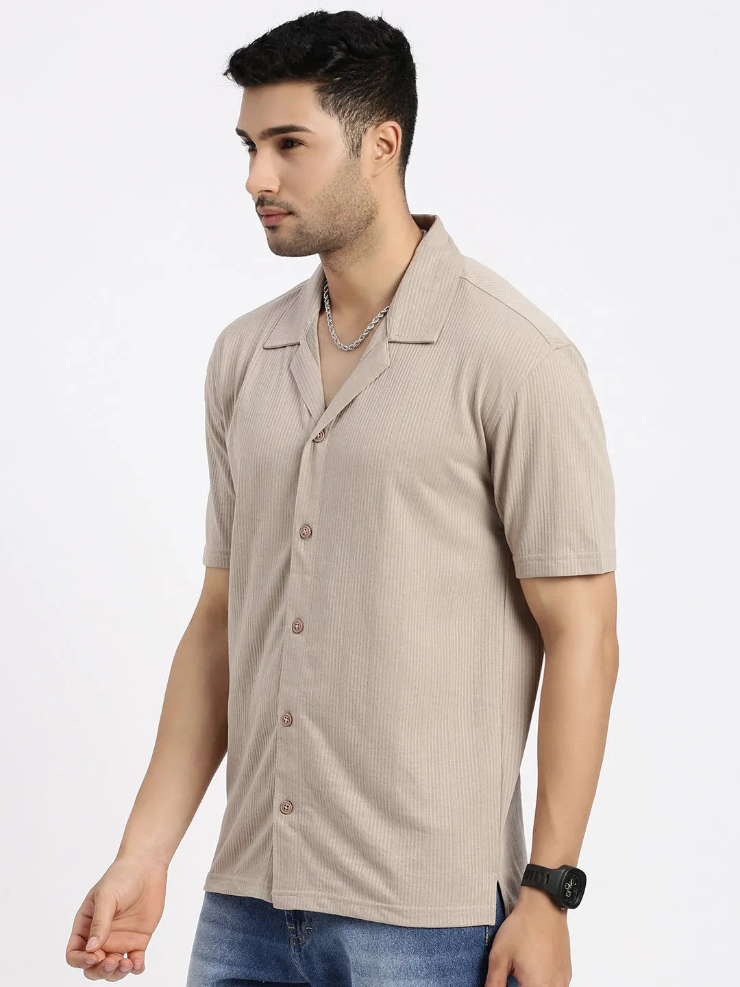 Men Beige Cuban Collar Casual Solid Shirt
