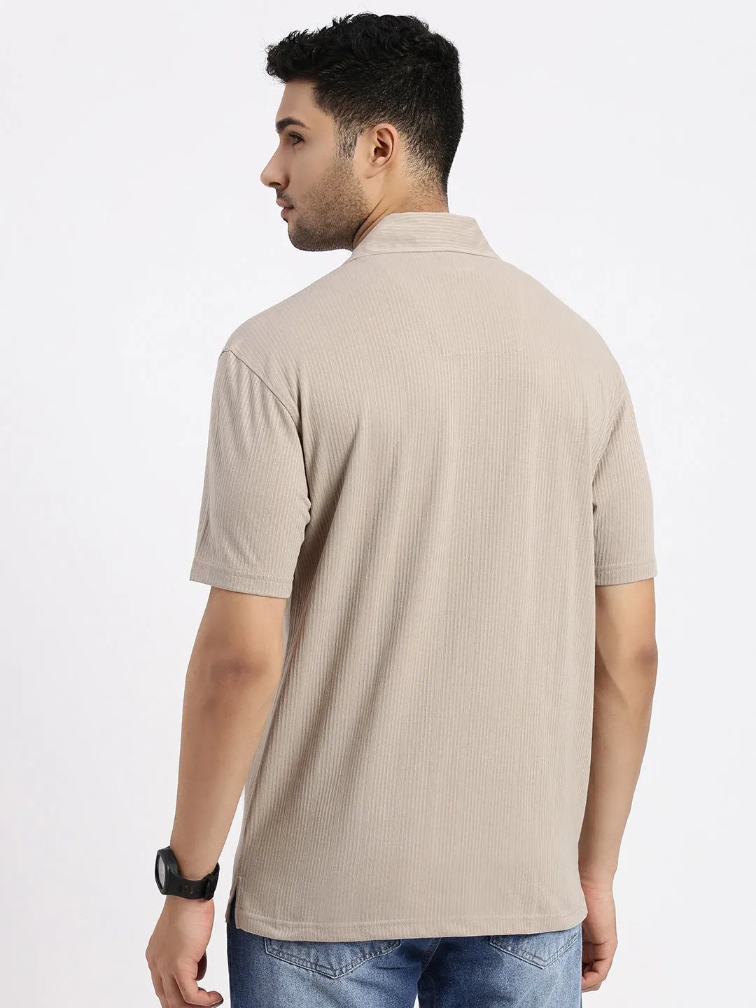Men Beige Cuban Collar Casual Solid Shirt