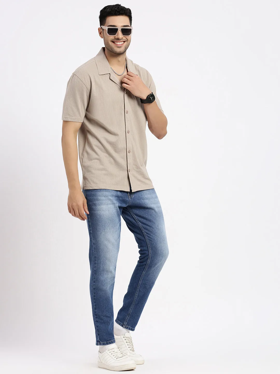 Men Beige Cuban Collar Casual Solid Shirt