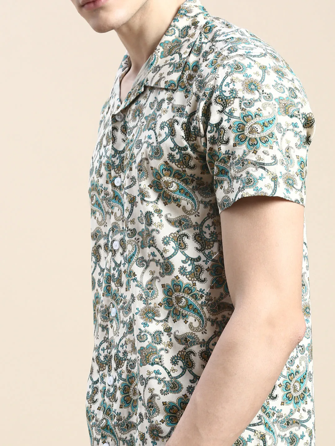 Men Beige Ethnic Motif Printed Co Ords Set with Shorts