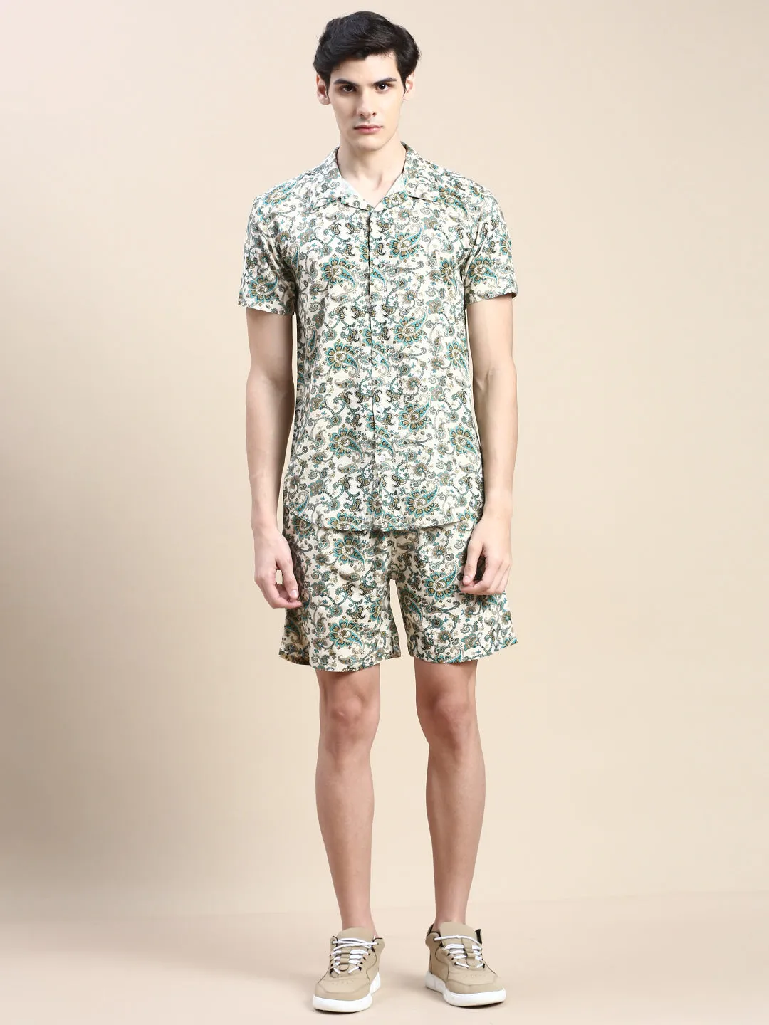 Men Beige Ethnic Motif Printed Co Ords Set with Shorts