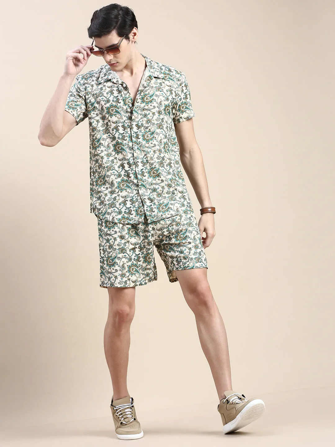 Men Beige Ethnic Motif Printed Co Ords Set with Shorts
