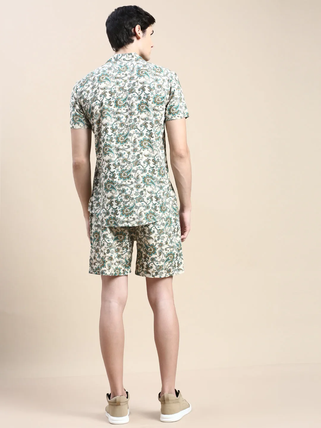 Men Beige Ethnic Motif Printed Co Ords Set with Shorts