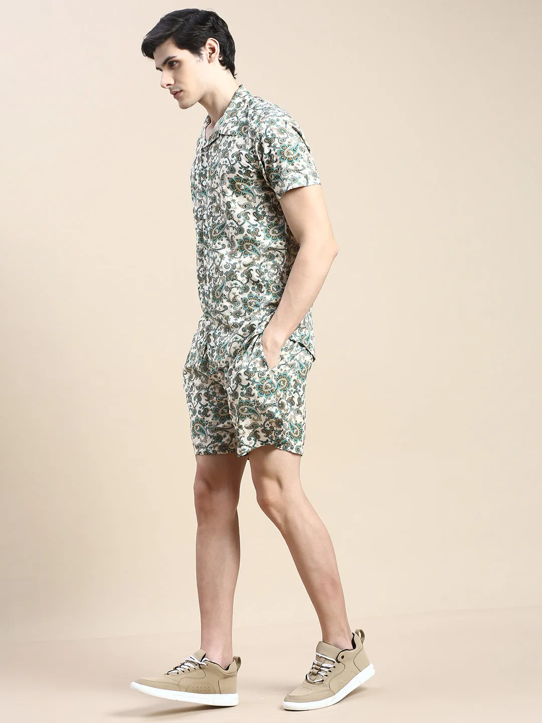 Men Beige Ethnic Motif Printed Co Ords Set with Shorts
