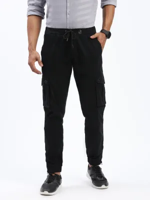 Men Black Comfort Slim Fit Low-Rise Cotton Joggers Trousers