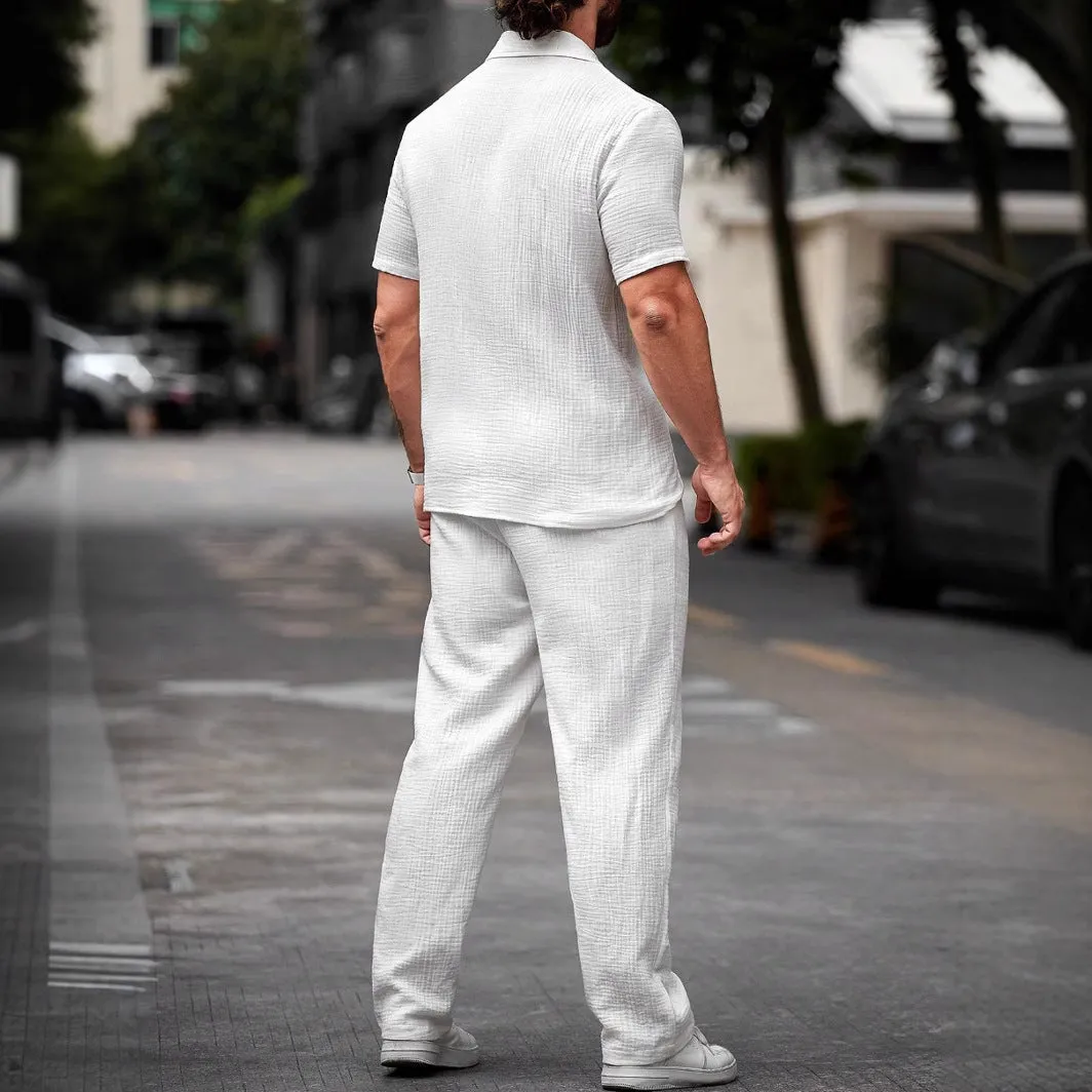 Mens Shirt and Pants Set  Cotton Linen Blend  Regular Fit  Short Sleeve  Drawstring Waist