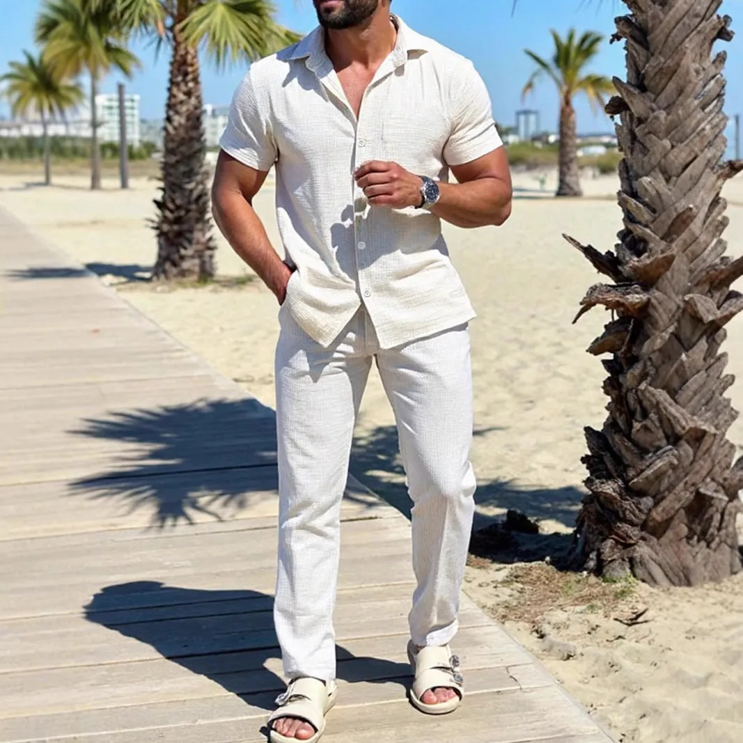 Mens Shirt and Pants Set  Cotton Linen Blend  Regular Fit  Short Sleeve  Drawstring Waist