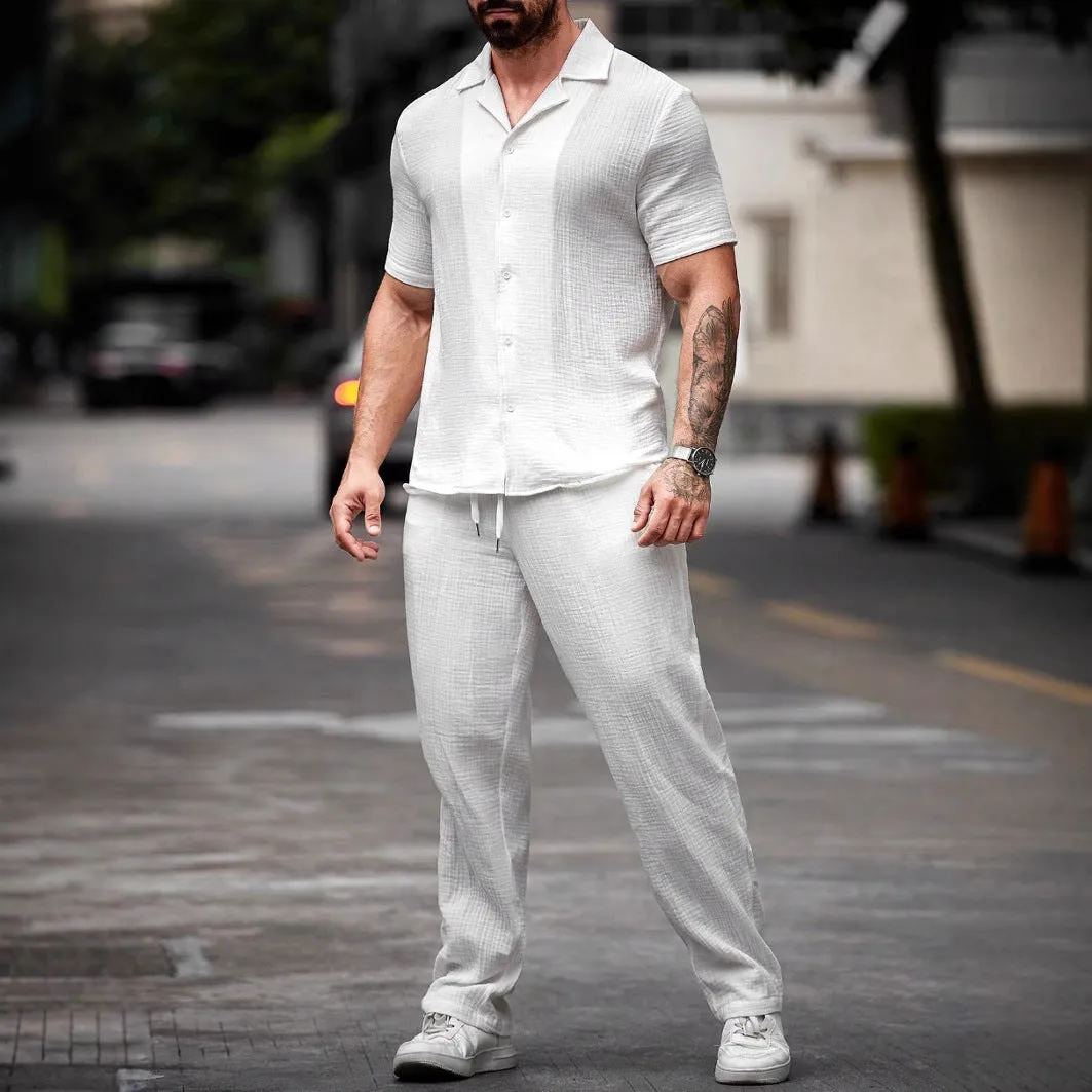 Mens Shirt and Pants Set  Cotton Linen Blend  Regular Fit  Short Sleeve  Drawstring Waist