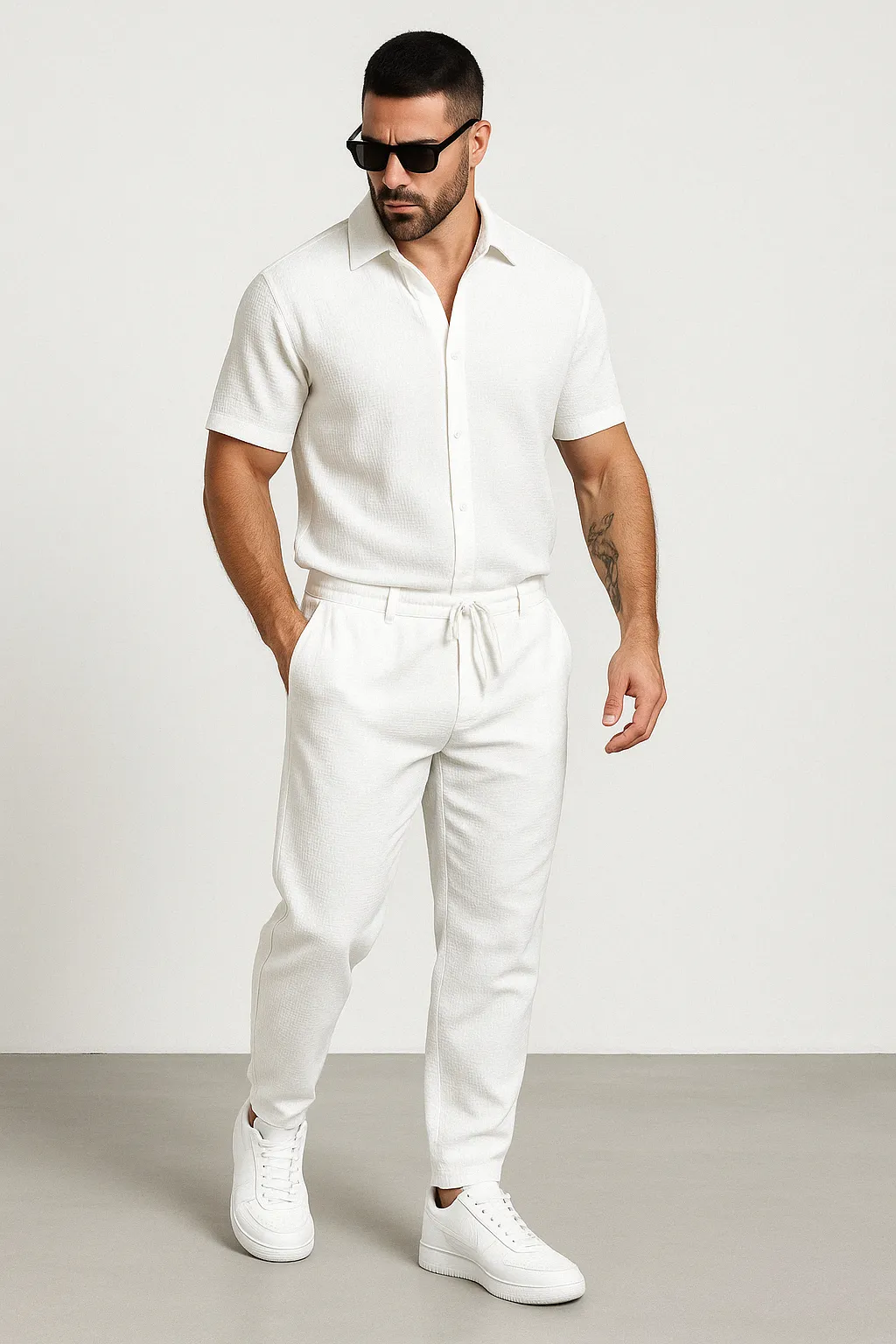 Mens Shirt and Pants Set  Cotton Linen Blend  Regular Fit  Short Sleeve  Drawstring Waist
