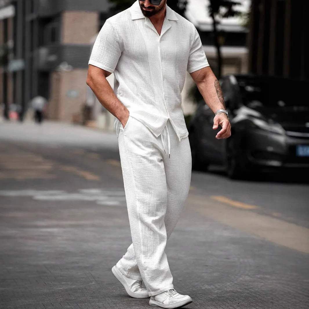 Mens Shirt and Pants Set  Cotton Linen Blend  Regular Fit  Short Sleeve  Drawstring Waist